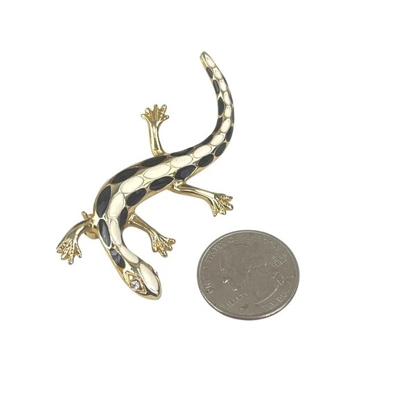 Gold-Tone Enamel Gecko Lizard Brooch Pin With Crystal Eyes - Picture 8 of 8